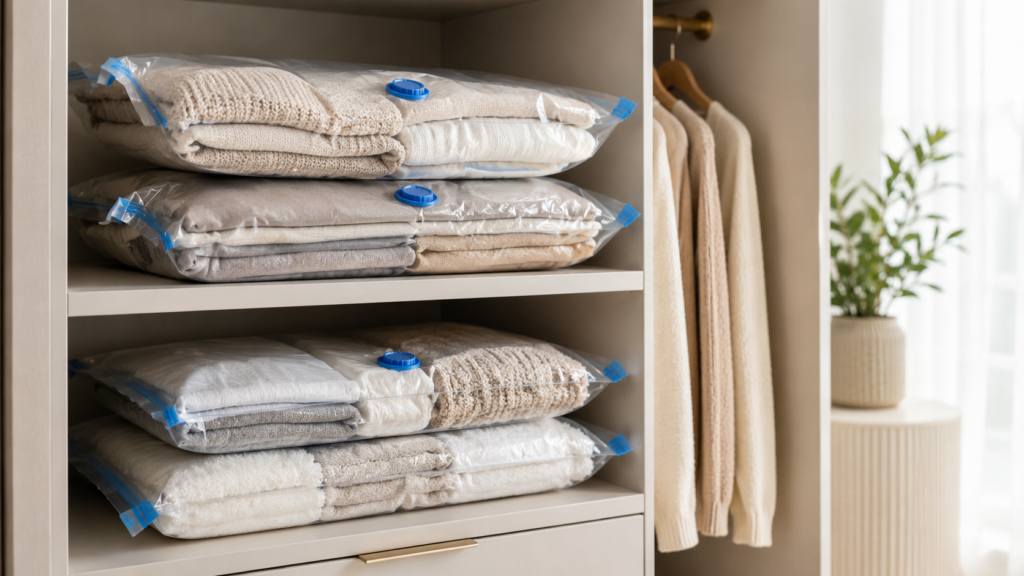 roupas dobradas para guardar em saco a vácuo