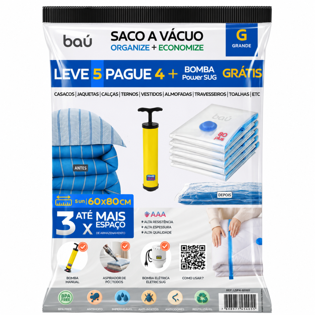 kit 5 saco a vácuo grande com bomba manual
