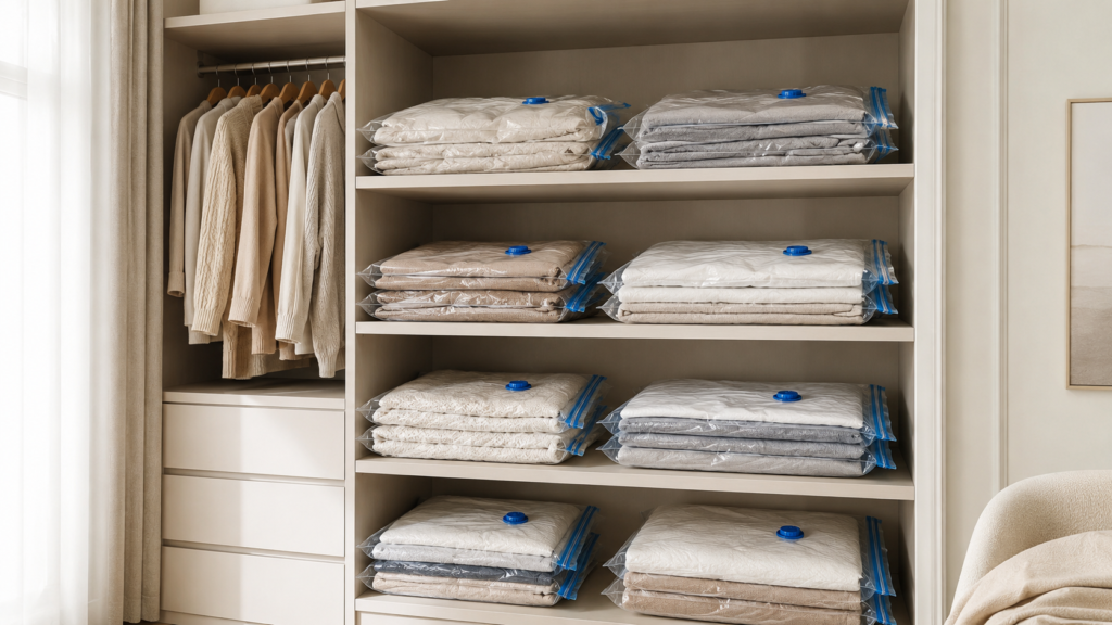 Saco a vácuo com roupas secas e comprimidas no guarda-roupa para evitar mofo