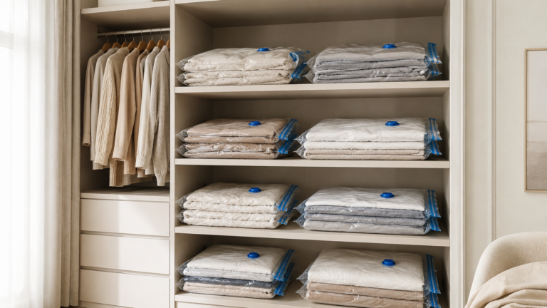 Saco a vácuo com roupas secas e comprimidas no guarda-roupa para evitar mofo